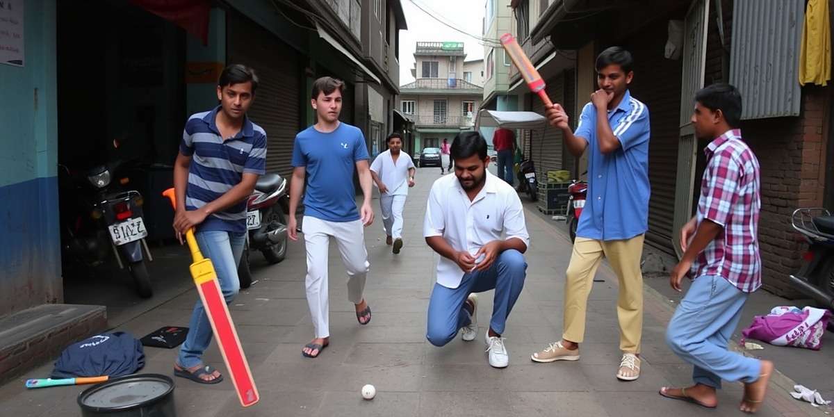 Morjim Maestros Inspired Street Cricket Young Indians playing street cricket inspired by Morjim Maestros in a Mumbai chawl
