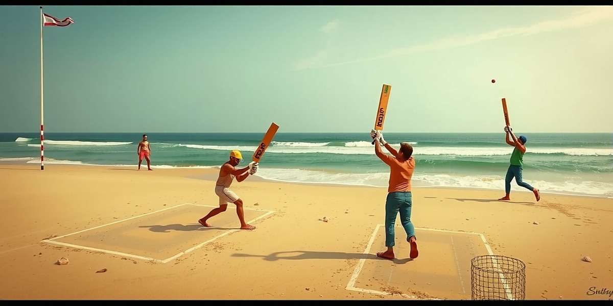 Morjim Maestros Gameplay Screenshot Morjim Maestros gameplay showing beach cricket match with players hitting sixes into the sea