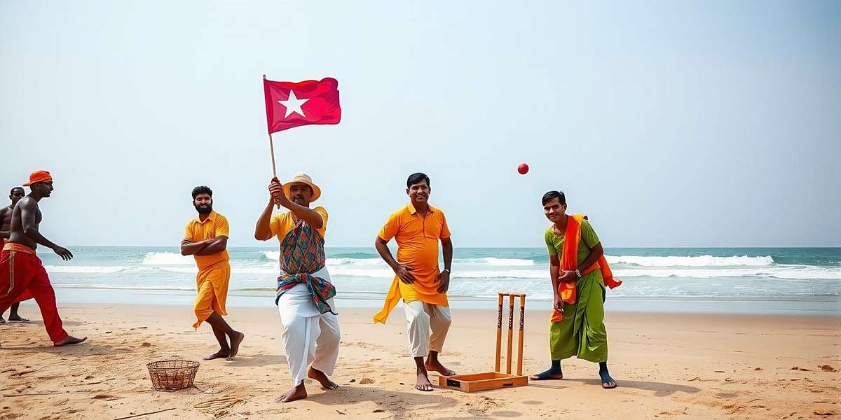 Morjim Maestros Official Cover Morjim Maestros game cover showing beach cricket match in Goa with players in traditional attire
